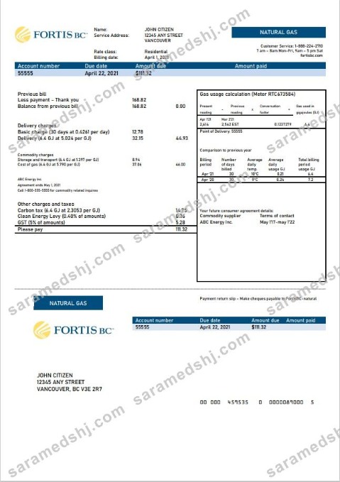 Canada British Columbia FortisBC utility bill template in Word and PDF format